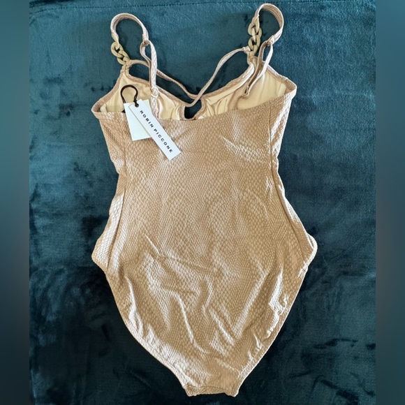 NWT ROBIN PICCONE EVE CRISS CROSS STRAPPY UNDERWIRE 1 PIECE SWIMSUIT SZ 10 LATTE - Picture 2 of 11